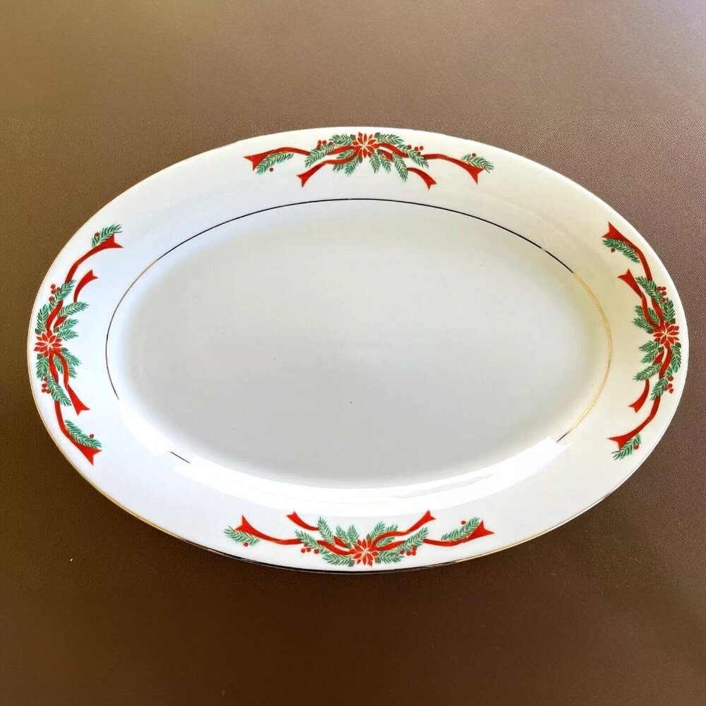 Poinsettia and Ribbons Christmas Oval China Serving Platter 14”x10”